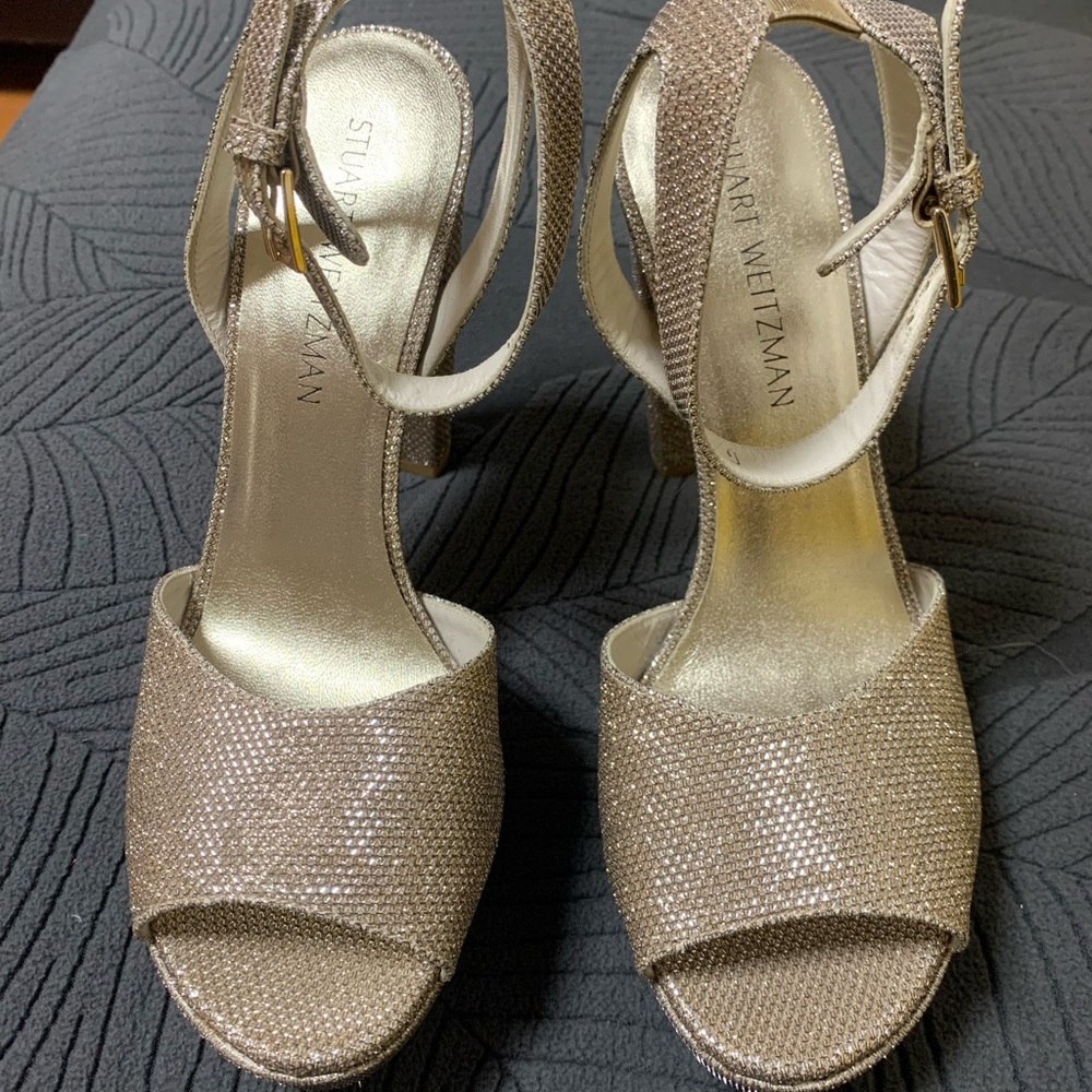 Stuart Weitzman Gold Glitter Open-Toe Heels